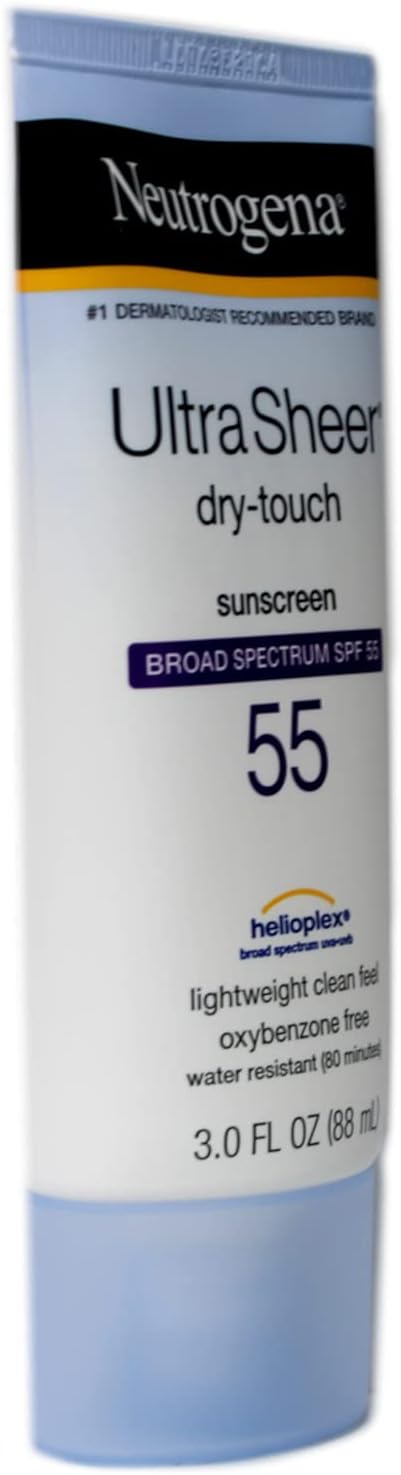 Neutrogena Ultra Sheer Dry-Touch Sunscreen Lotion, Broad Spectrum SPF 55 UVA/UVB Protection, Oxybenzone-Free, Light, Water Resistant, Non-Comedogenic & Non-Greasy, Travel Size, 3 fl. oz