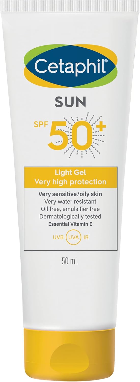 Cetaphil Sun SPF 50+ Light Gel, Moisturizer sunscreen Face & Body for Men & Women, Sensitive Skin, Very High Protection and Very Water Resistent, Unscented, 50 ml