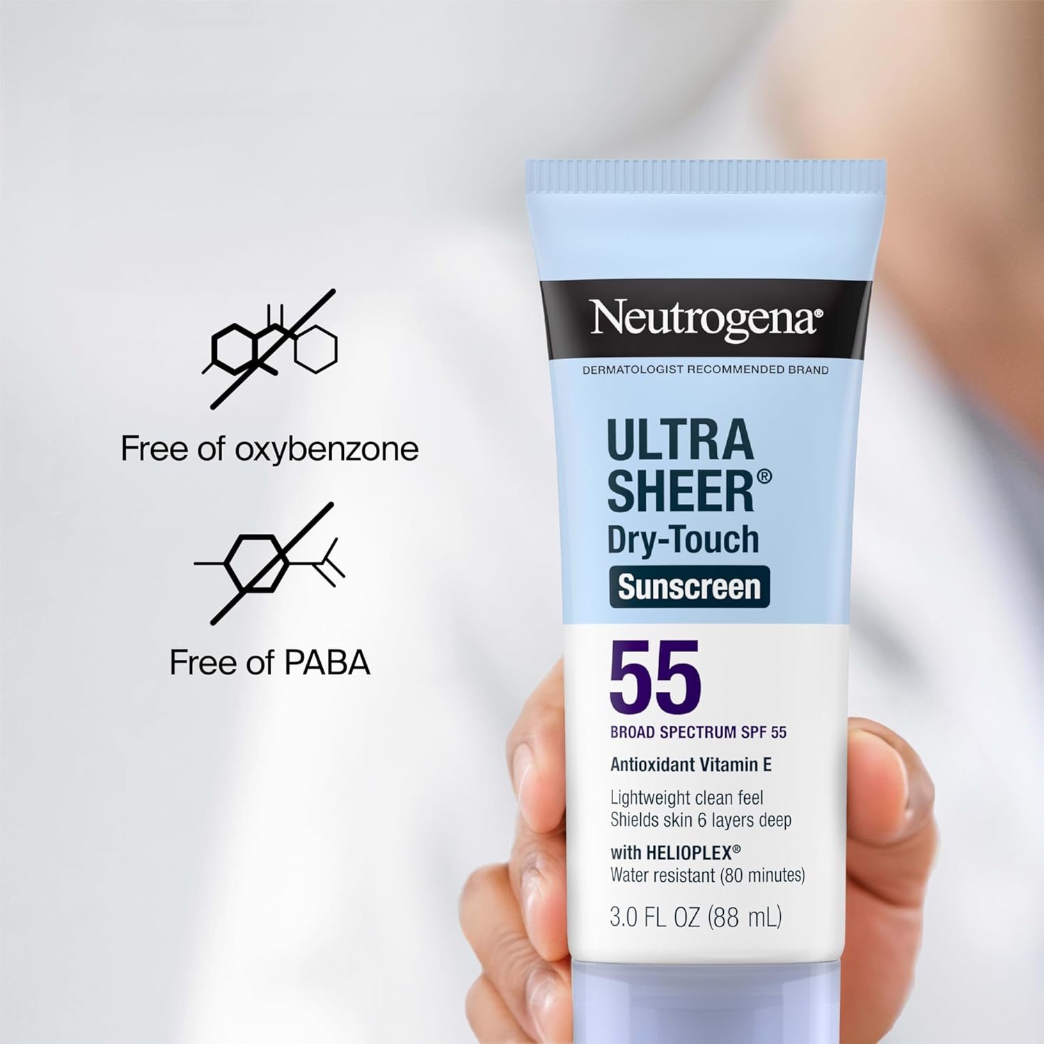 Neutrogena Ultra Sheer Dry-Touch Sunscreen Lotion, Broad Spectrum SPF 55 UVA/UVB Protection, Oxybenzone-Free, Light, Water Resistant, Non-Comedogenic & Non-Greasy, Travel Size, 3 fl. oz
